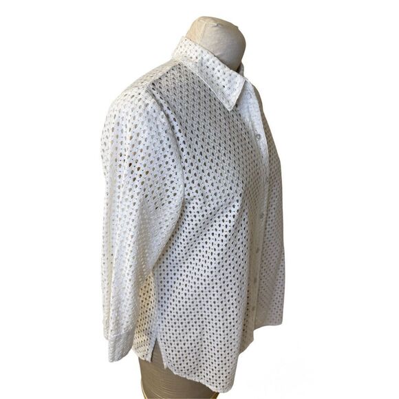 Allison Daley White Eyelet Blouse 3/4 Slv Sz. M Spring Summer Crisp Packable - Picture 6 of 10